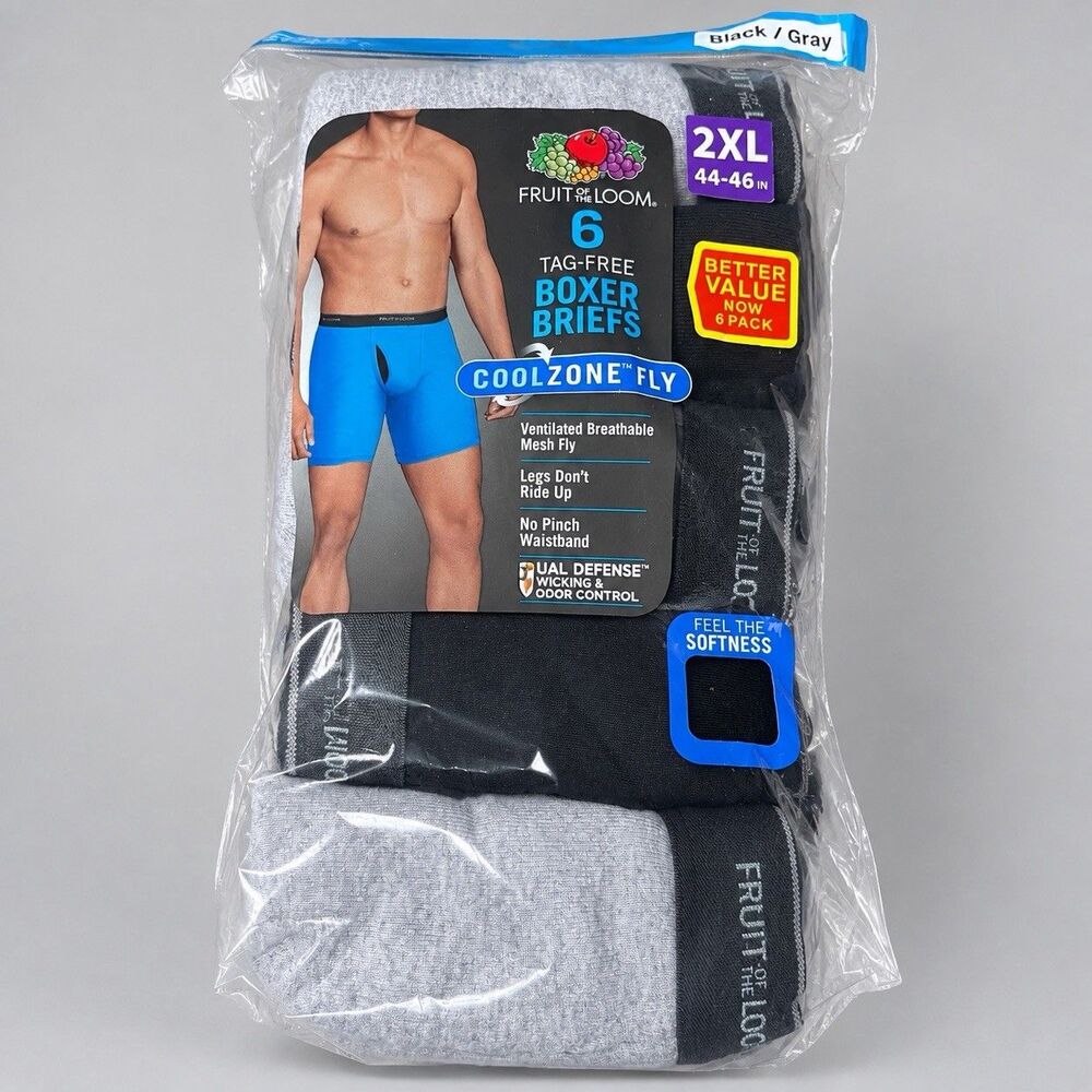 Fruit Of The Loom Men’s CoolZone Fly Tag-Free Black/Gray Boxer Briefs 5 Pack 2XL